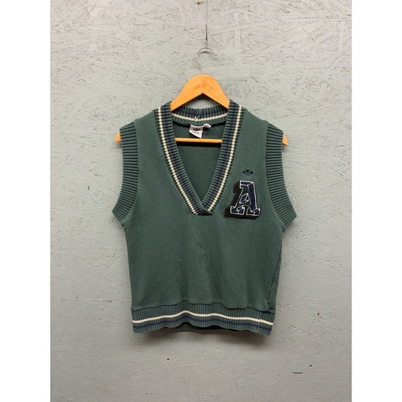 Adidas Sweater‎ Vest Women's Small Green V-Neck Retro Patch Ribbed Trim - Picture 1 of 9